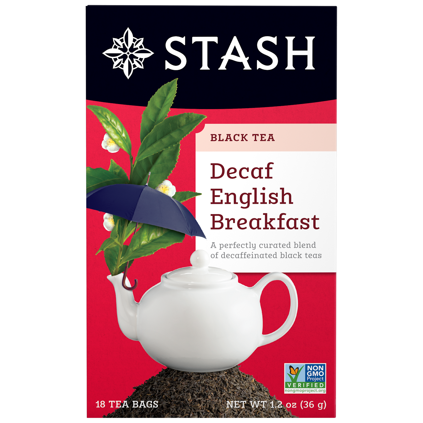 Stash Decaf English Breakfast black tea packaging with teapot illustration on red background
