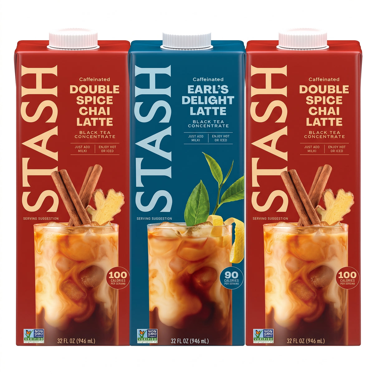 Three STASH coffee concentrate cartons shown side by side on a white background: Double Spice Chai Latte in red, Earl's Delight Latte in blue, and Double Spice Chai Latte in red. Each carton includes a glass of iced coffee with cinnamon sticks and a lemon slice graphic.