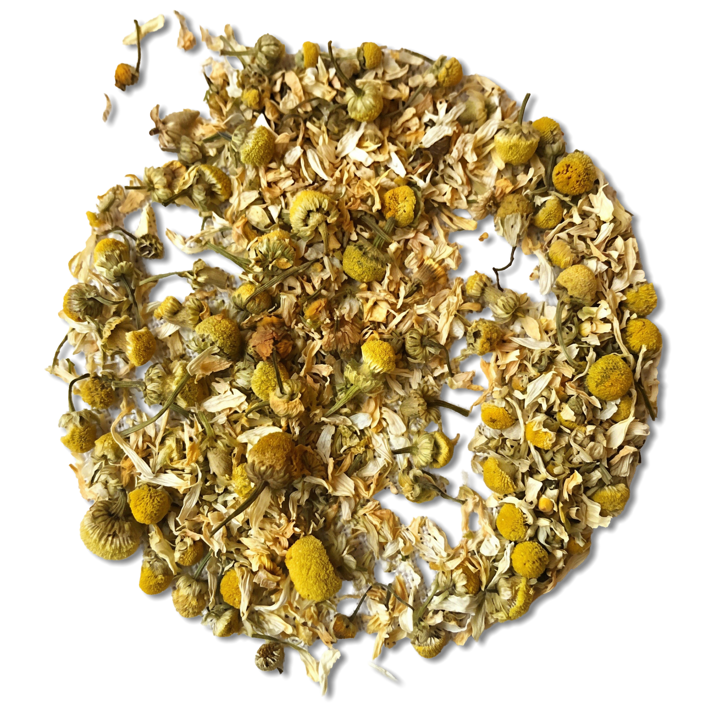 Dried chamomile tea loose leaves and yellow flower heads arranged in a circular pile on a white background.