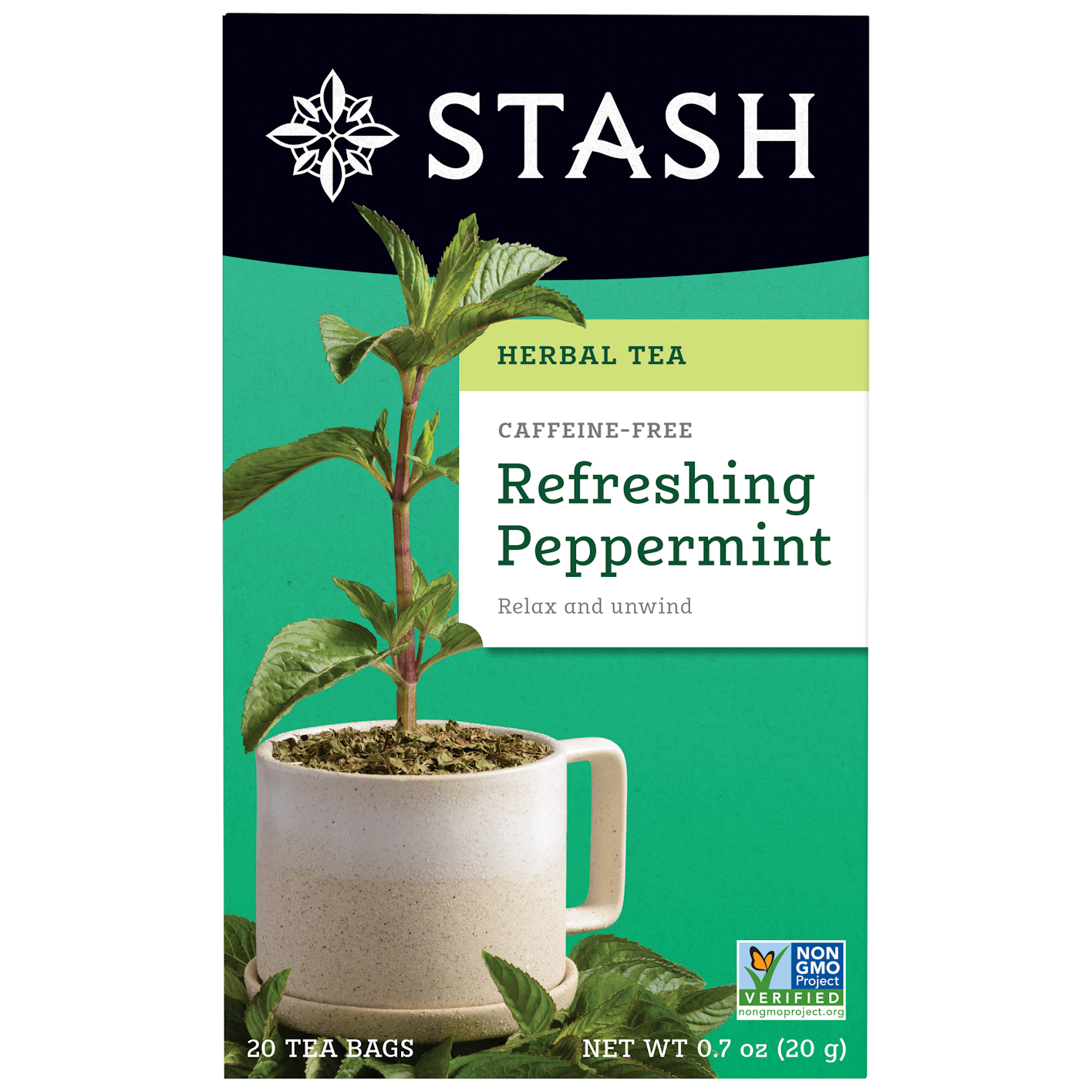 Stash Herbal Tea package for Refreshing Peppermint tea with a cup and peppermint leaves on a green background.