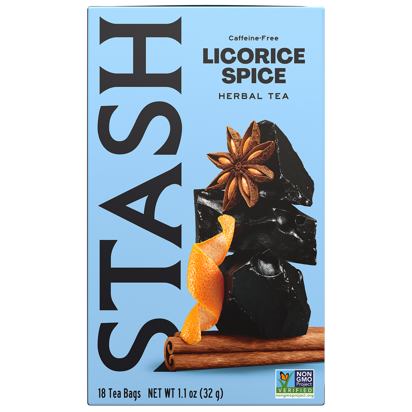 Stash Licorice Spice herbal tea box with licorice root, star anise, and cinnamon on a blue background
