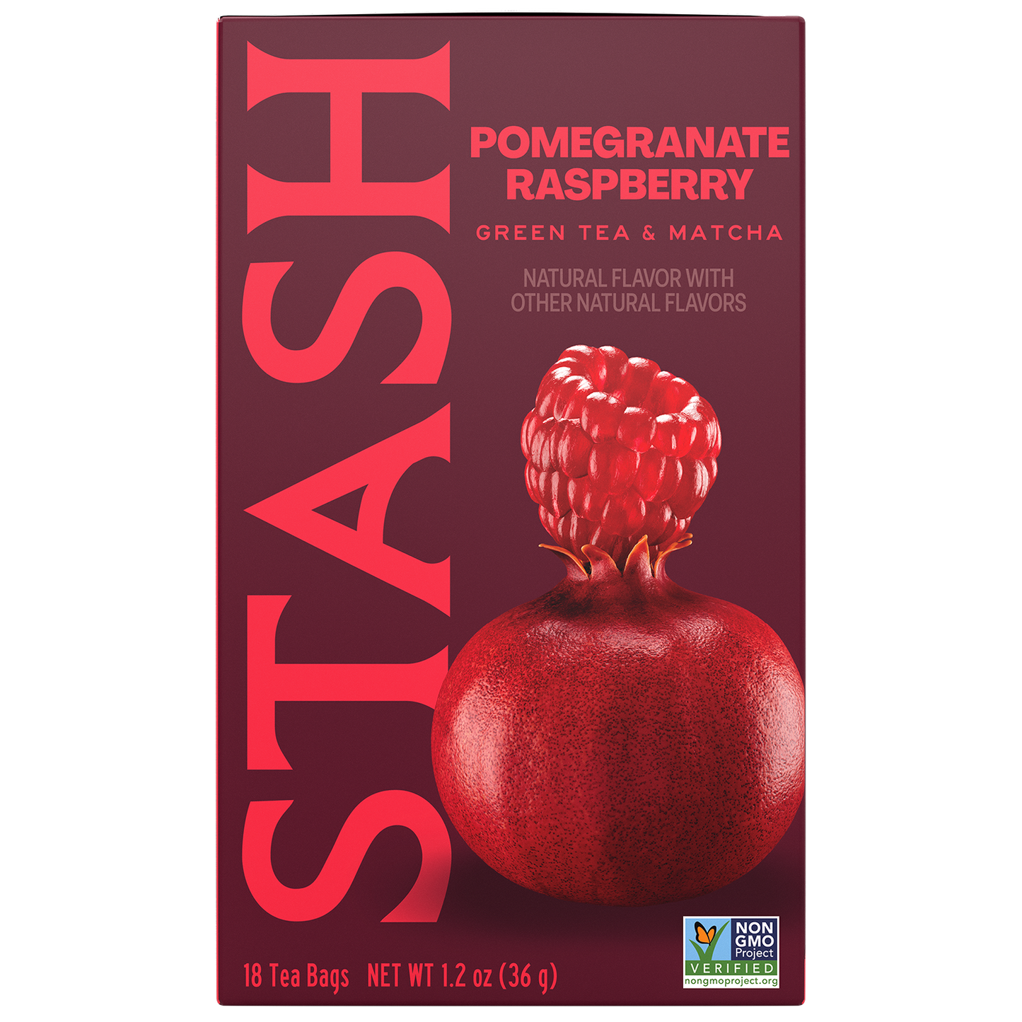 A box of Stash Pomegranate Raspberry green tea and matcha tea bags. The packaging is a deep burgundy color with large pink vertical 'STASH' lettering and a graphic of a red pomegranate with a raspberry on top.