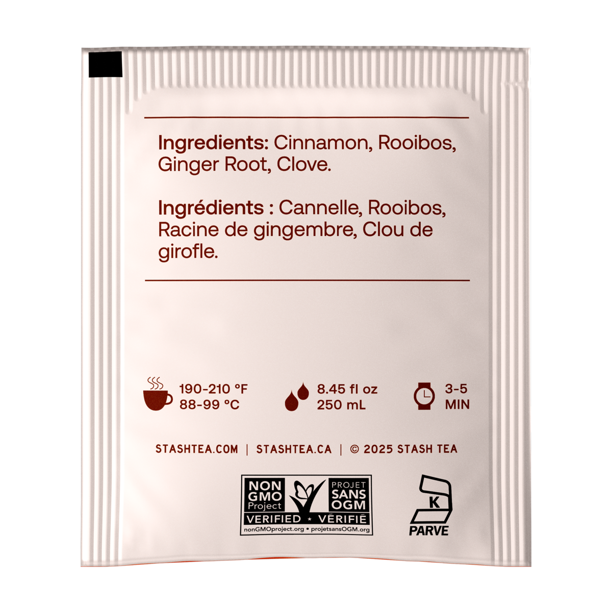 A single Stash Tea pouch shown against a plain white background, displaying the back side with ingredients listed in English and French, brewing temperature and time icons, and certification logos including Non-GMO and Parve.