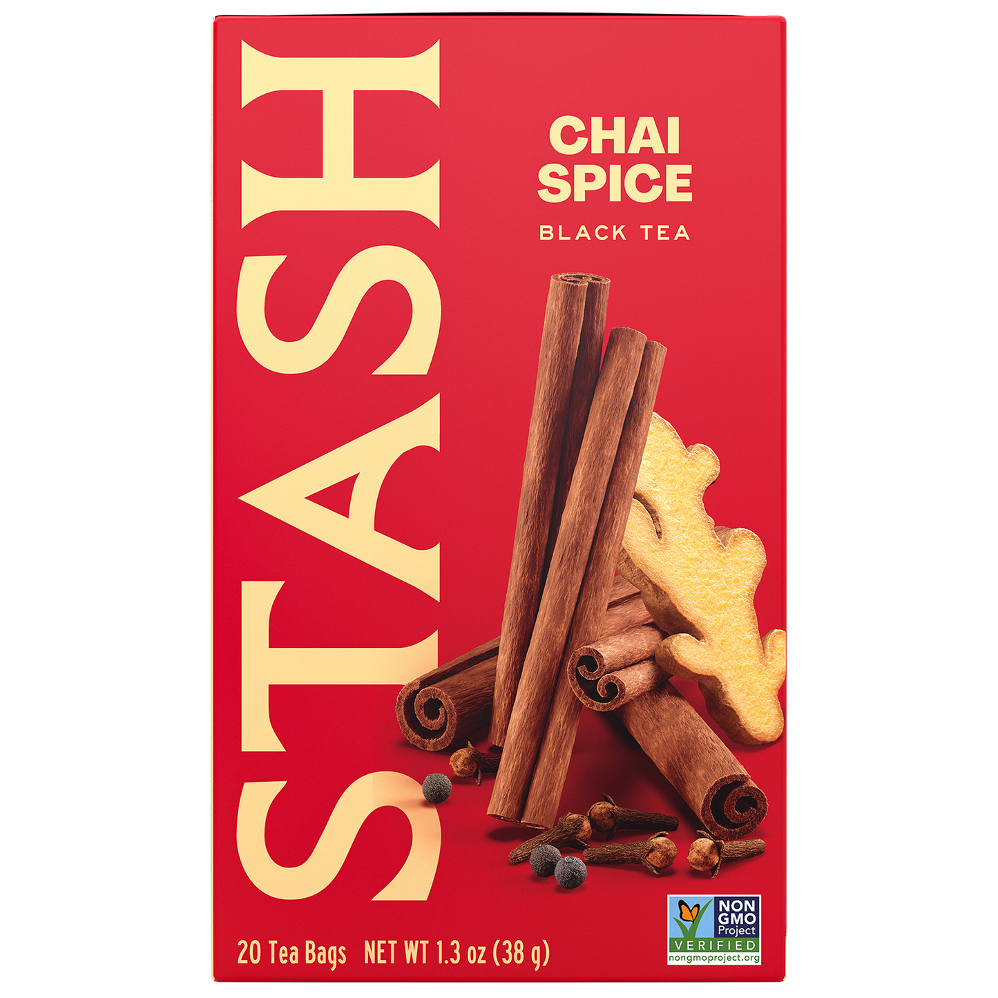 Stash Chai Spice black tea box with cinnamon sticks, ginger, cloves, and all-spice front view of packaging