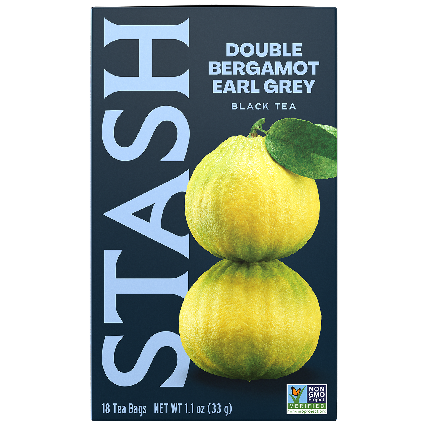 Stash Double Bergamot Earl Grey black tea packaging with bergamot fruit and tea leaves front view of box
