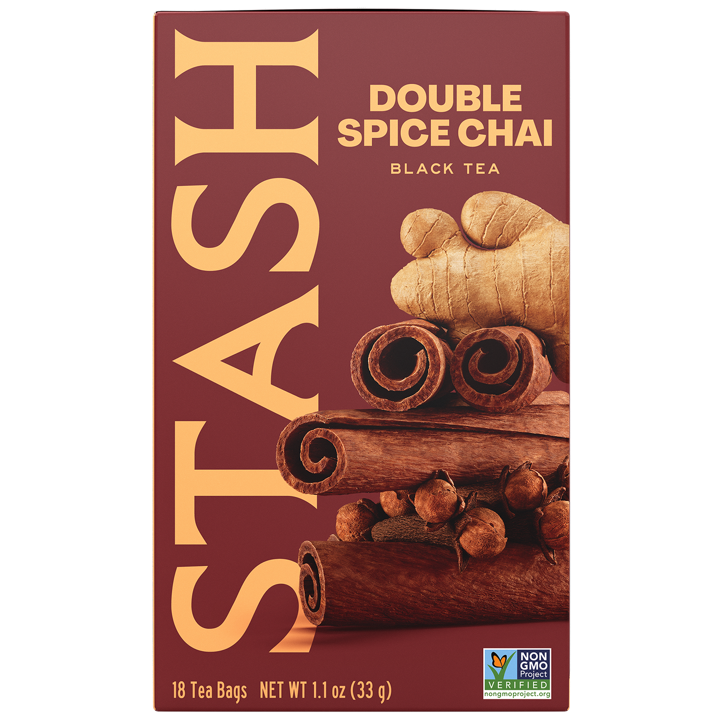 Stash Double Spice Chai black tea box with cinnamon sticks clove and ginger front view of packaging