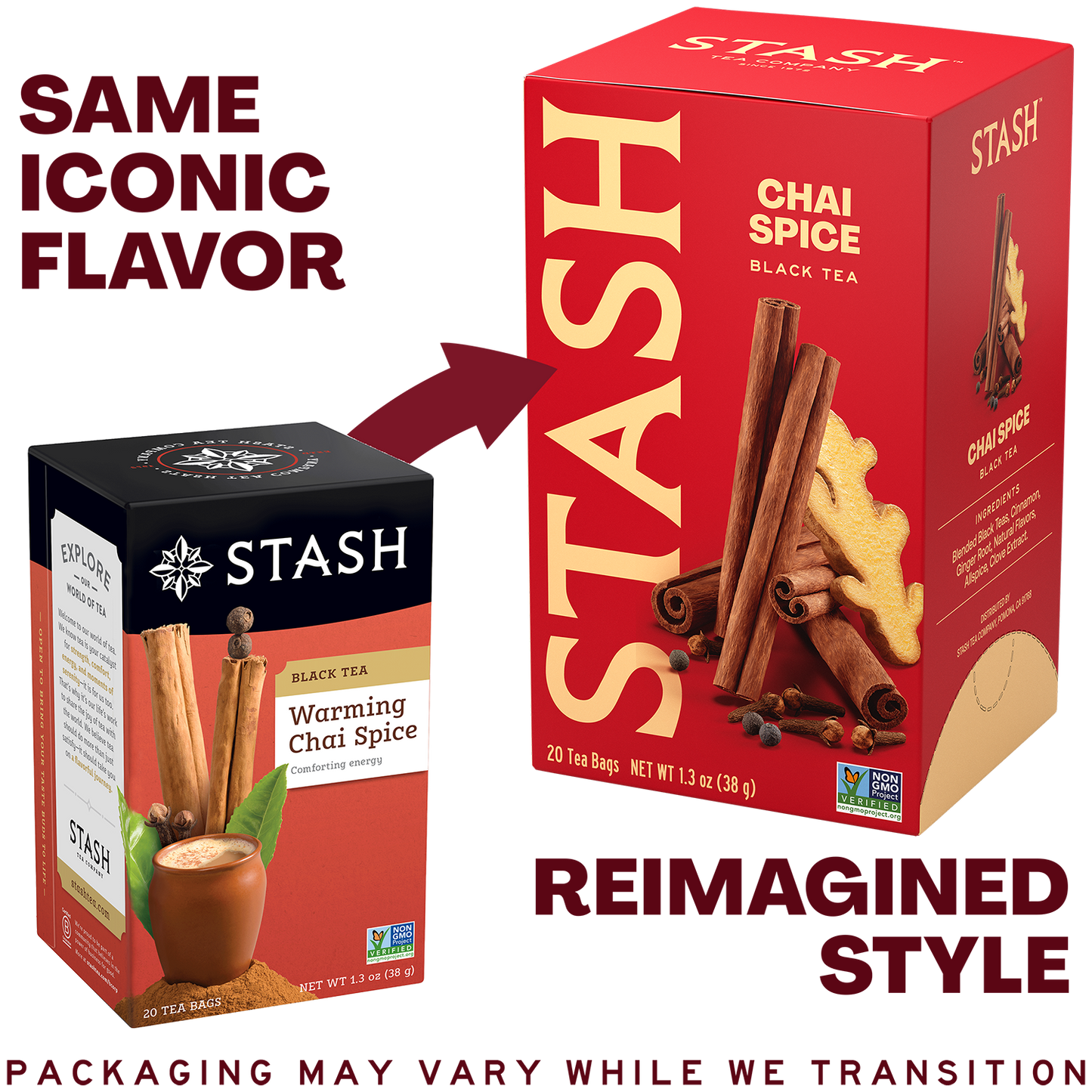 A promotional comparison graphic for Stash chai spice tea boxes. On the left, a smaller Stash Warming Chai Spice box is shown with text reading 'SAME ICONIC FLAVOR.
