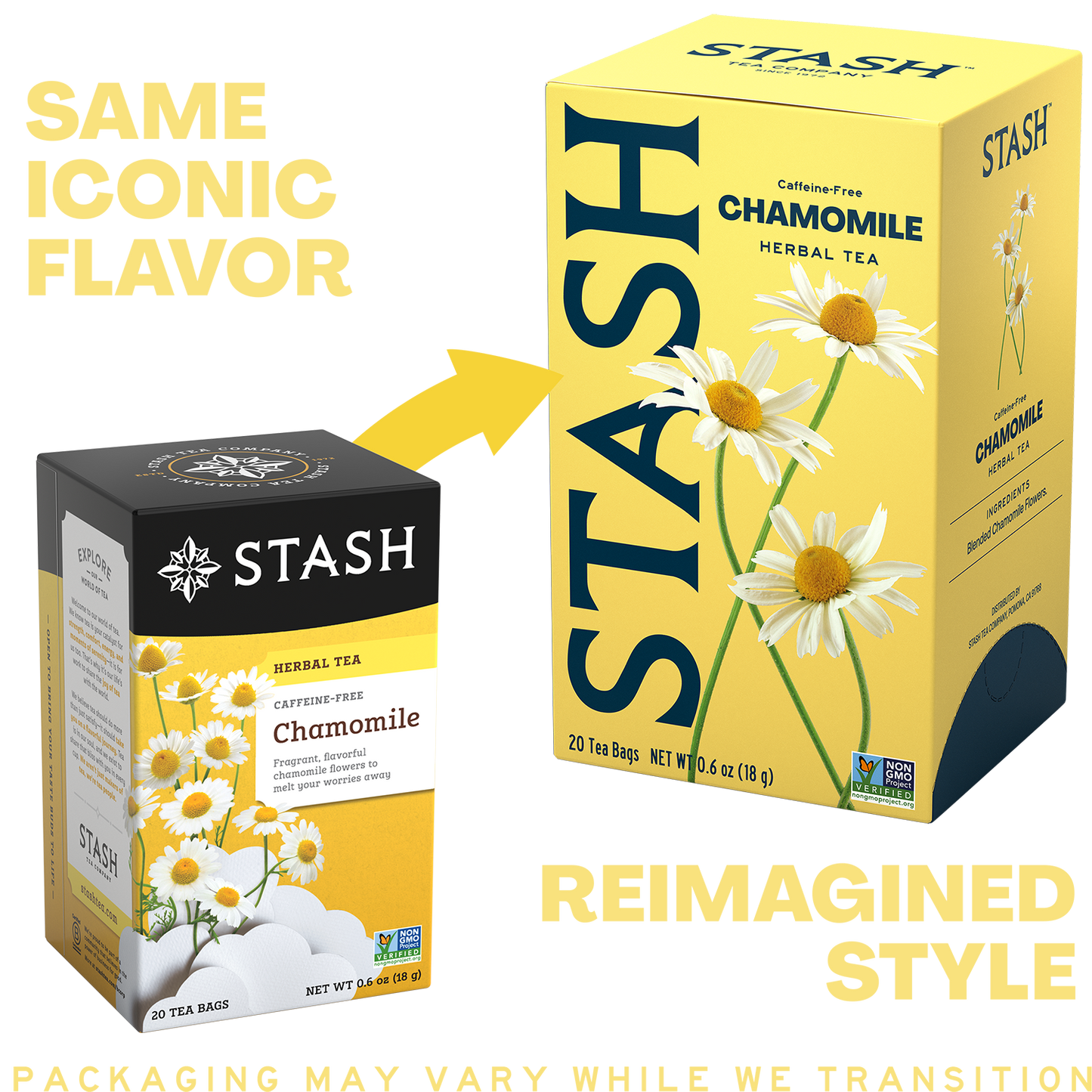 A promotional comparison graphic showing two Stash chamomile herbal tea boxes. The left box is labeled 'SAME ICONIC FLAVOR' and is smaller, while the right box is larger and labeled 'REIMAGINED STYLE.