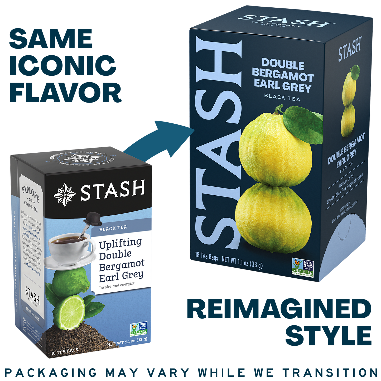 A promotional graphic showing two Stash tea boxes on a white background with text reading 'SAME ICONIC FLAVOR' and 'REIMAGINED STYLE.' The left box is the old packaging style, and the right box is the new packaging style.