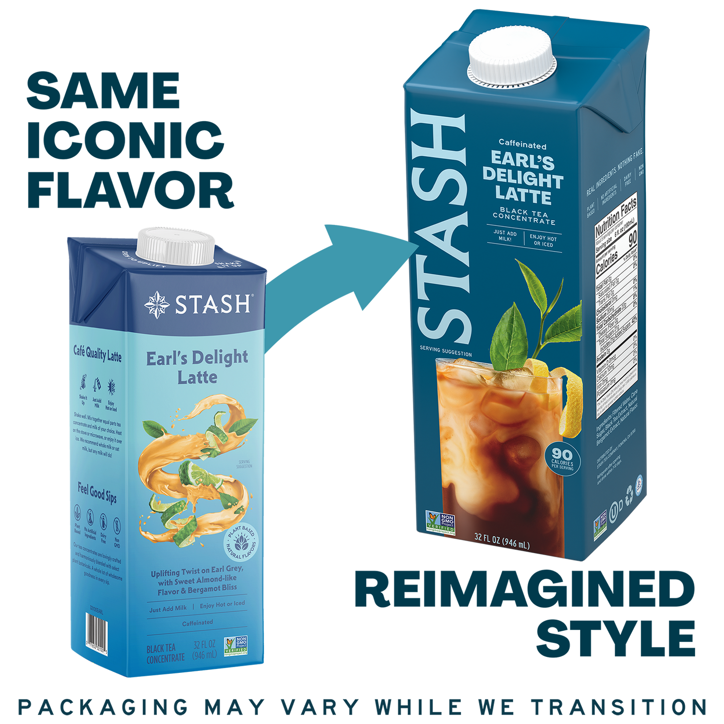 A promotional graphic showing two Stash beverage cartons side by side on a white background. The left carton is smaller and labeled 'SAME ICONIC FLAVOR,' while the right carton is larger and labeled 'REIMAGINED STYLE.