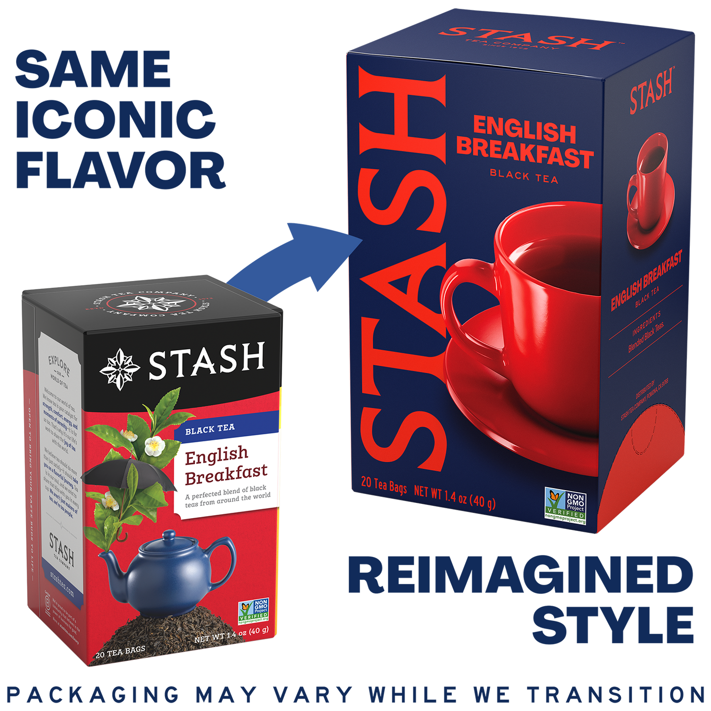 A promotional graphic for Stash tea packaging showing a small English Breakfast tea box with a red-and-black label and a large matching retail box behind it. Text reads 'SAME ICONIC FLAVOR' and 'REIMAGINED STYLE,' with a blue arrow pointing from the small box to the larger box.