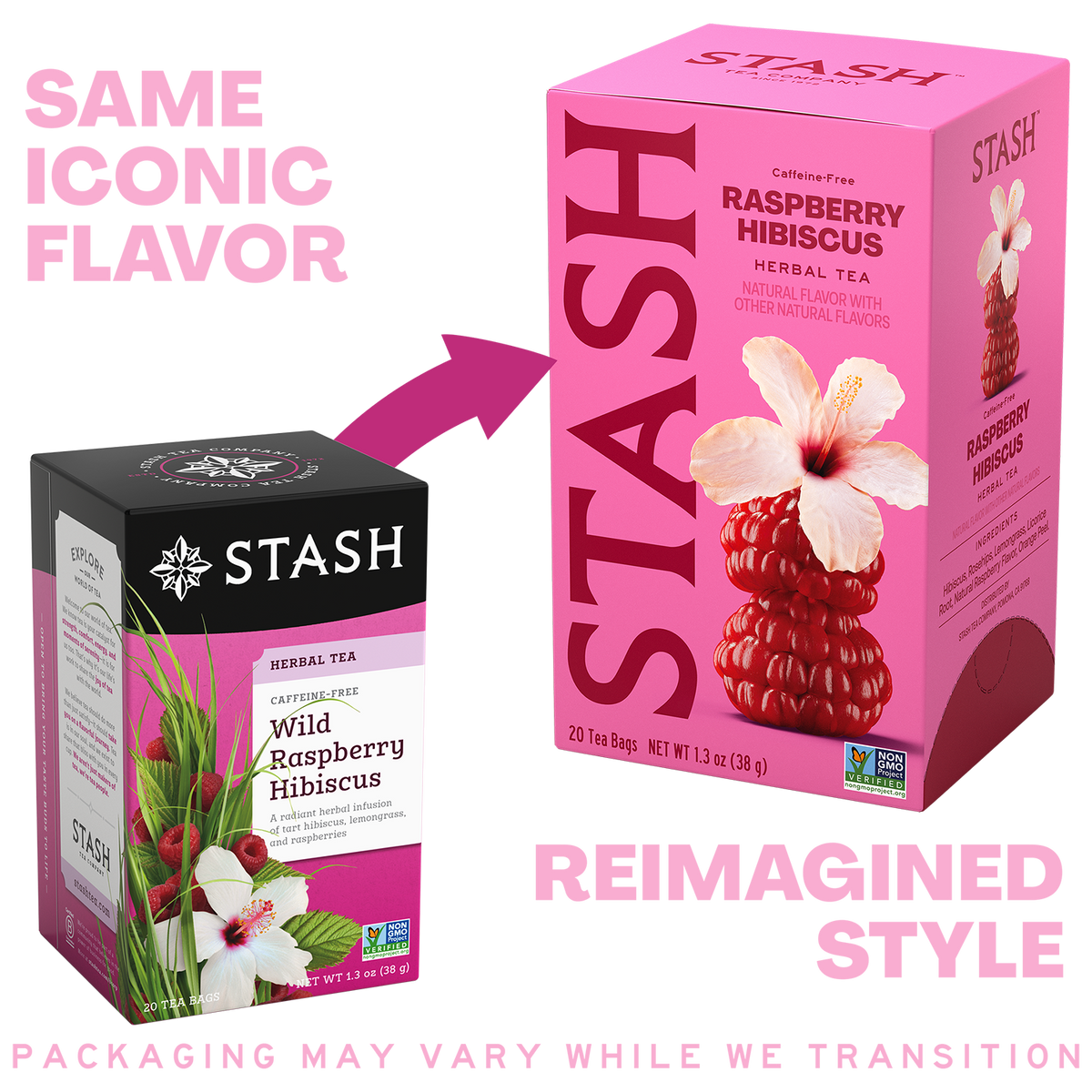 A promotional comparison graphic showing two Stash tea boxes for Raspberry Hibiscus herbal tea. On the left, the original box is black with pink and white artwork and text.