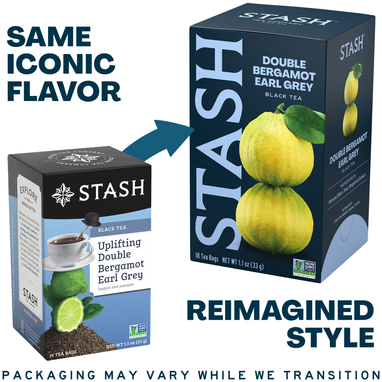 Stash tea boxes with a focus on the reimagined new packaging design.