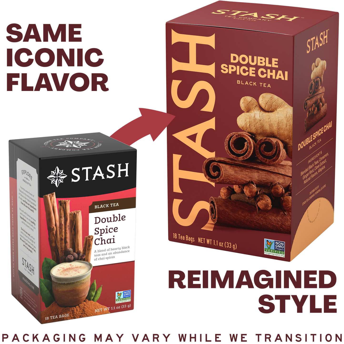 Stash Double Spice Chai tea packaging reimagined style comparing old and new boxes