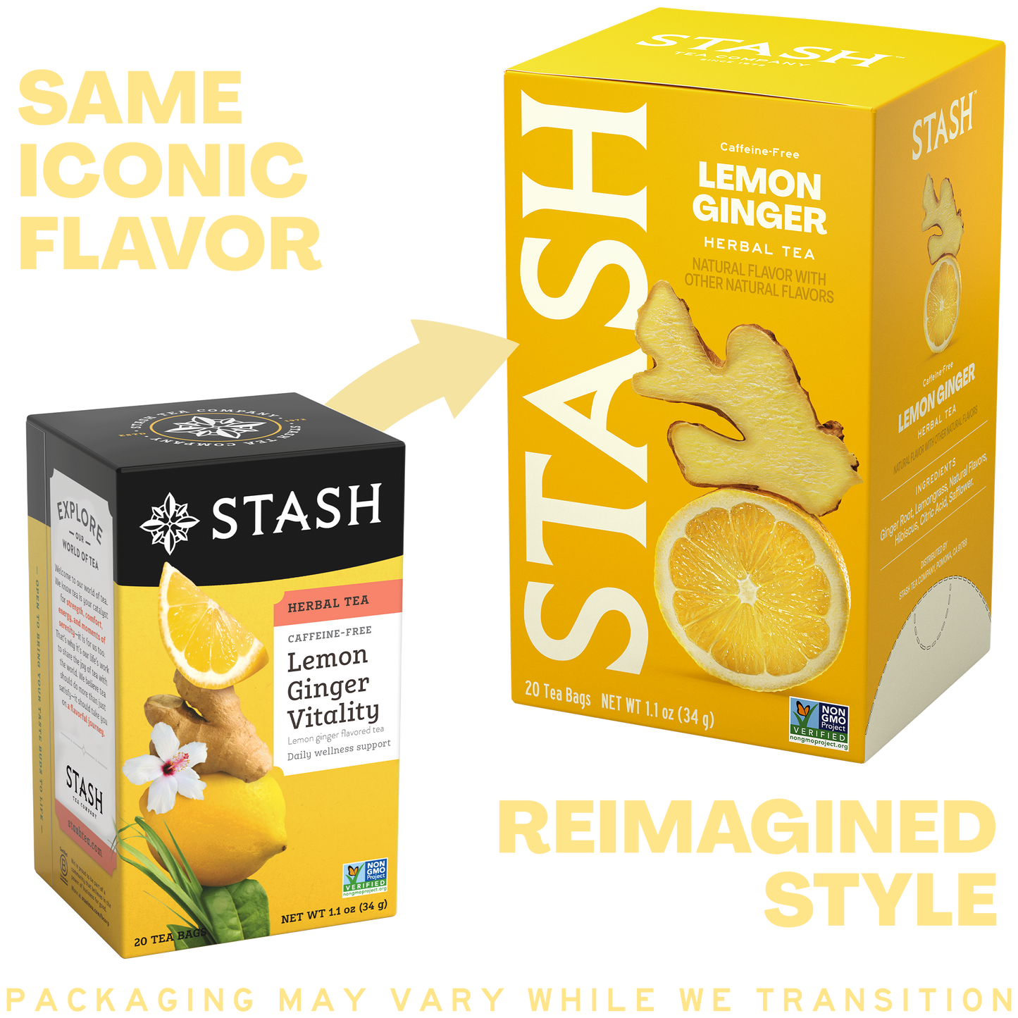 Stash Lemon Ginger tea packaging comparing old and new boxes