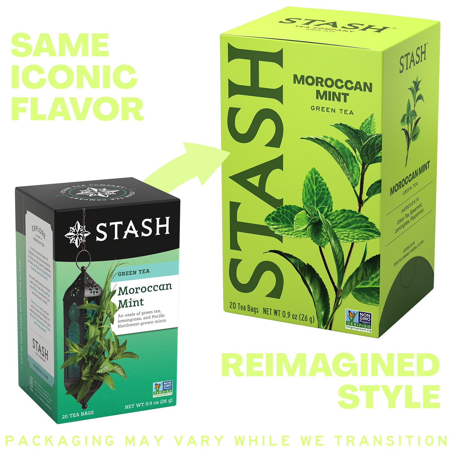 A promotional comparison graphic showing two Stash Moroccan Mint green tea tea bag boxes. The left box is black, white, and green with a hanging teapot illustration, labeled 'SAME ICONIC FLAVOR.