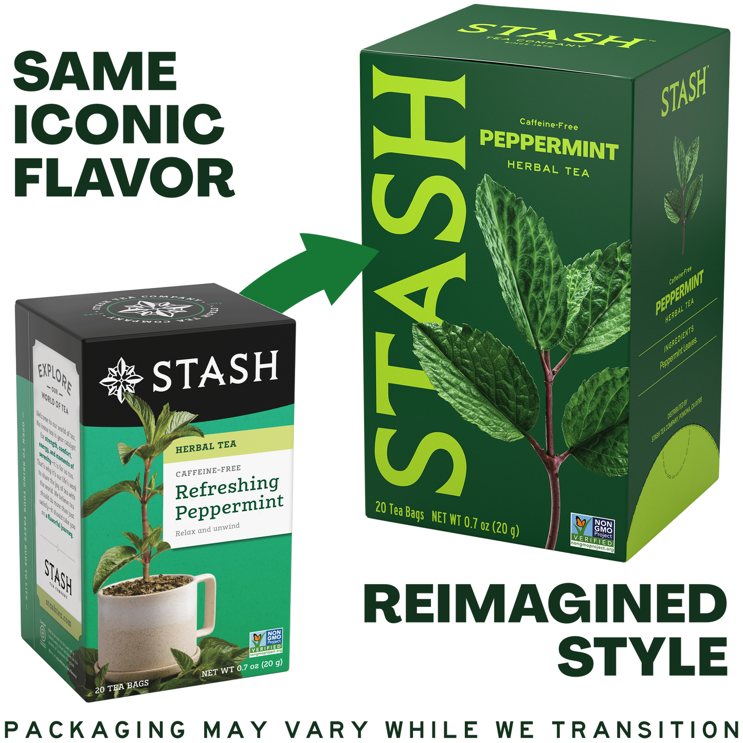 Stash Peppermint Herbal Tea packaging showing reimagined style of new box