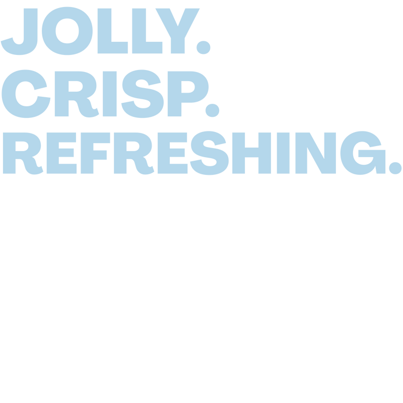 Text 'JOLLY. CRISP. REFRESHING.' in light blue on a black background