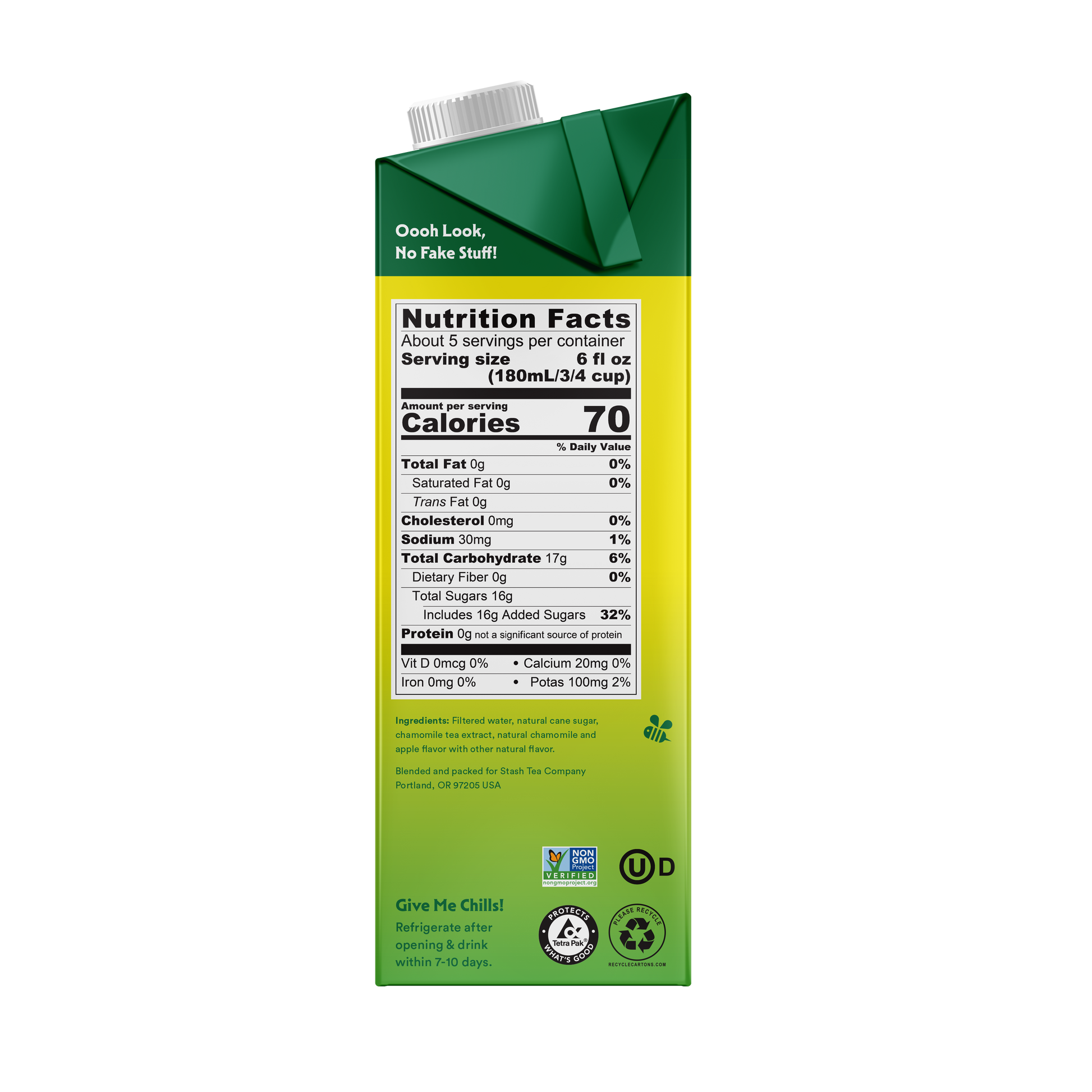 Green and yellow carton with nutrition facts label on a white background