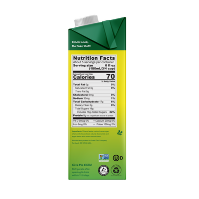 Green and yellow carton with nutrition facts label on a white background