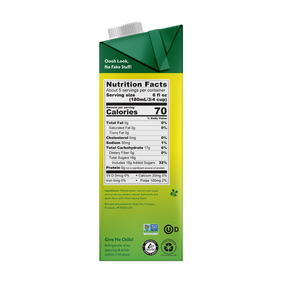 Green and yellow carton with nutrition facts label on a white background