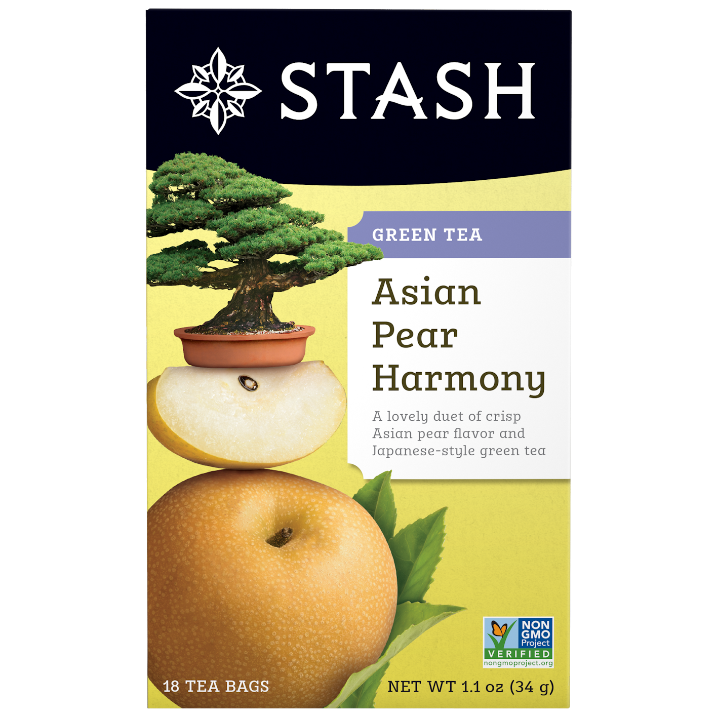 Stash Asian Pear Harmony green tea packaging with pear and tree illustration