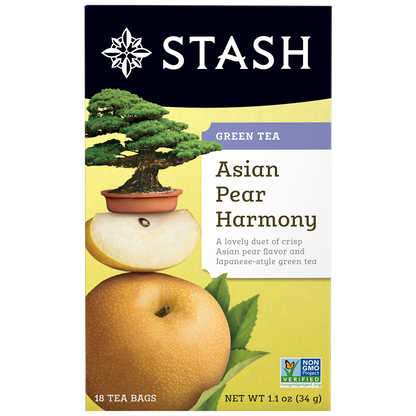 Stash Asian Pear Harmony green tea packaging with pear and tree illustration