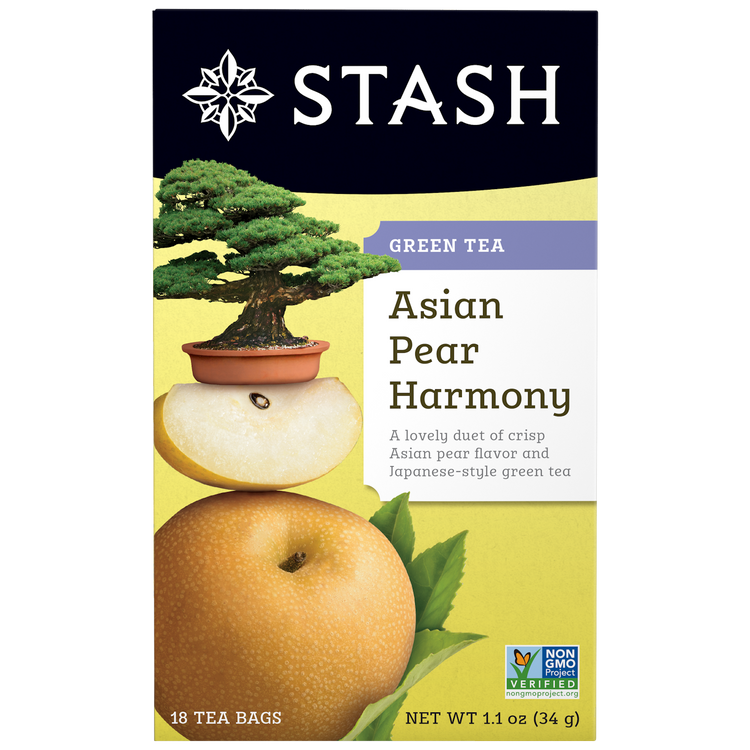 Stash Asian Pear Harmony green tea packaging with pear and tree illustration