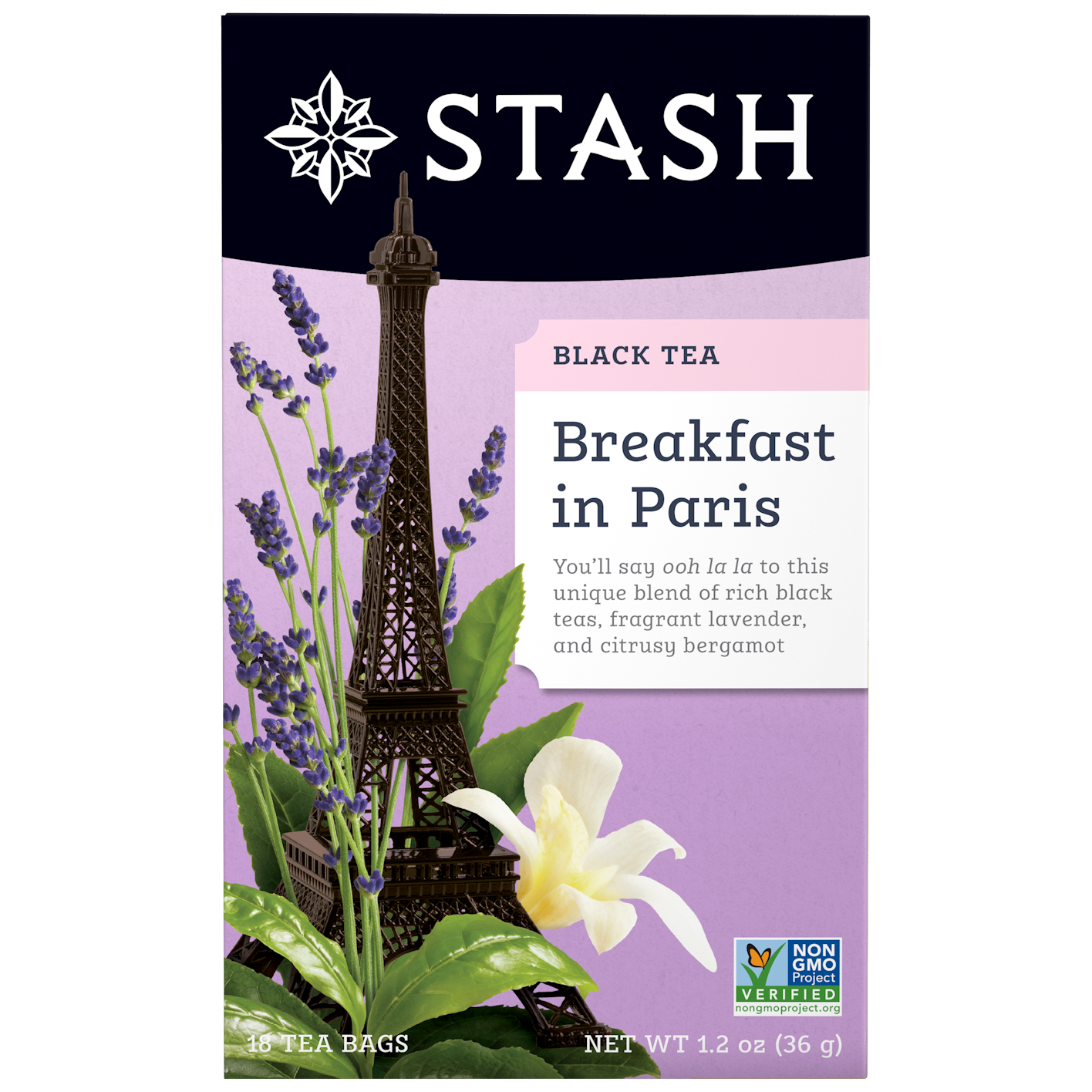 Stash Tea package for 'Breakfast in Paris' black tea with Eiffel Tower and lavender illustration.