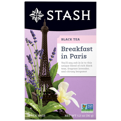 Stash Tea package for 'Breakfast in Paris' black tea with Eiffel Tower and lavender illustration.