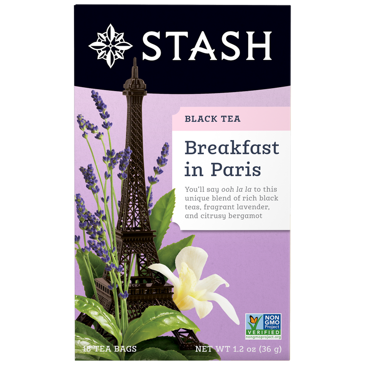 Stash Tea package for 'Breakfast in Paris' black tea with Eiffel Tower and lavender illustration.
