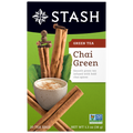 Stash Chai Green tea packaging with cinnamon sticks and a cup on a green background