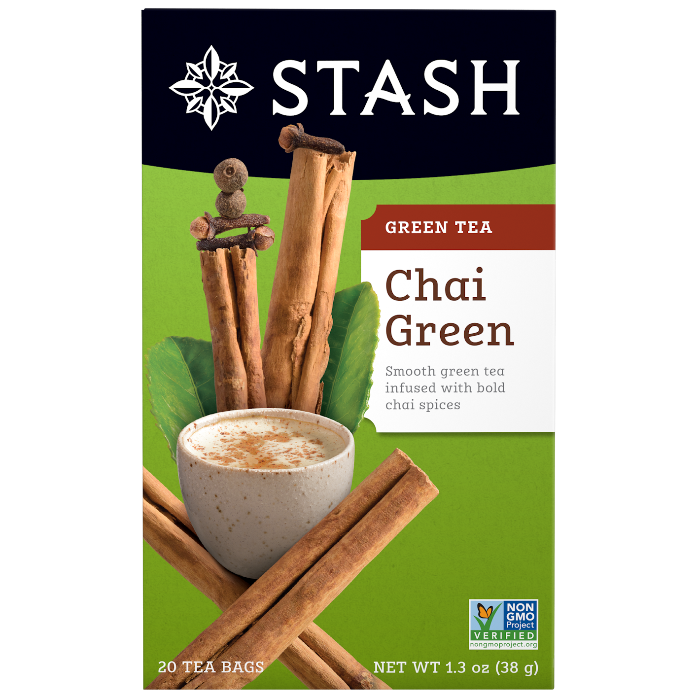 Stash Chai Green tea packaging with cinnamon sticks and a cup on a green background