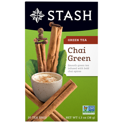 Stash Chai Green tea packaging with cinnamon sticks and a cup on a green background