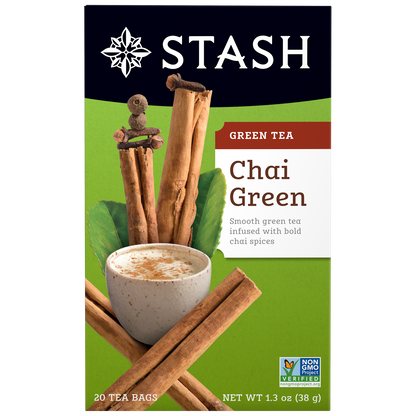 Stash Chai Green tea packaging with cinnamon sticks and a cup on a green background