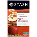 Stash Cinnamon Apple Chamomile tea package with apples, cinnamon sticks, and chamomile flowers on an orange background.