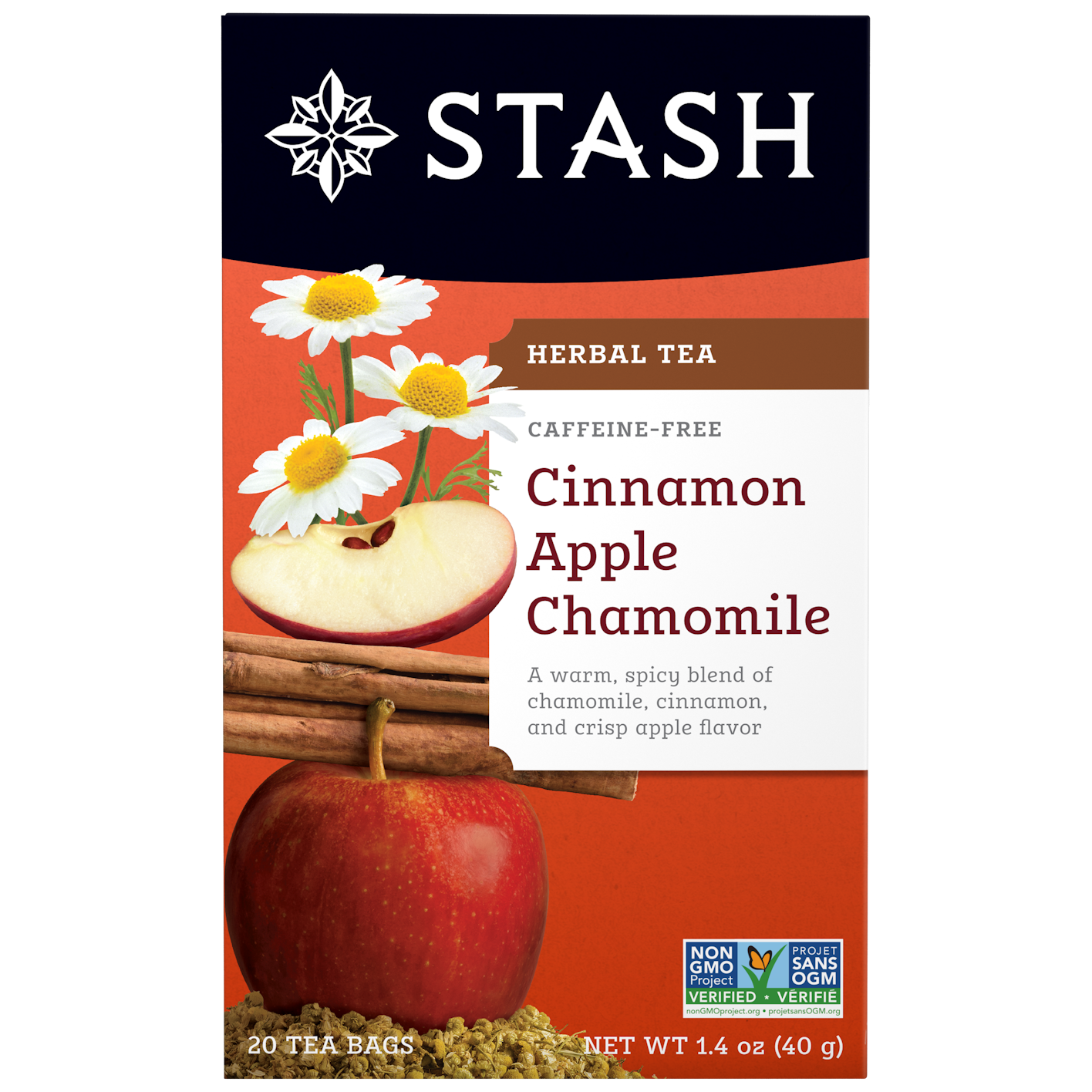 Stash Cinnamon Apple Chamomile tea package with apples, cinnamon sticks, and chamomile flowers on an orange background.