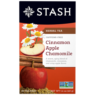 Stash Cinnamon Apple Chamomile tea package with apples, cinnamon sticks, and chamomile flowers on an orange background.