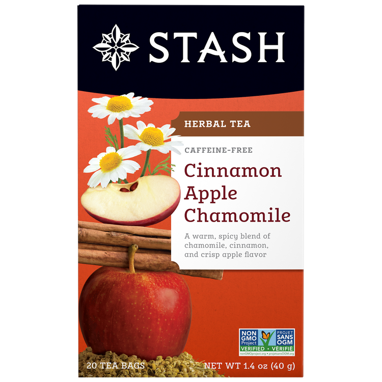 Stash Cinnamon Apple Chamomile tea package with apples, cinnamon sticks, and chamomile flowers on an orange background.