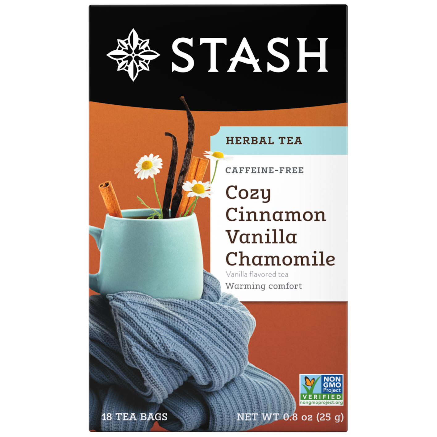 Stash Cozy Cinnamon Vanilla Chamomile tea package with a cup and chamomile flowers on an orange background.