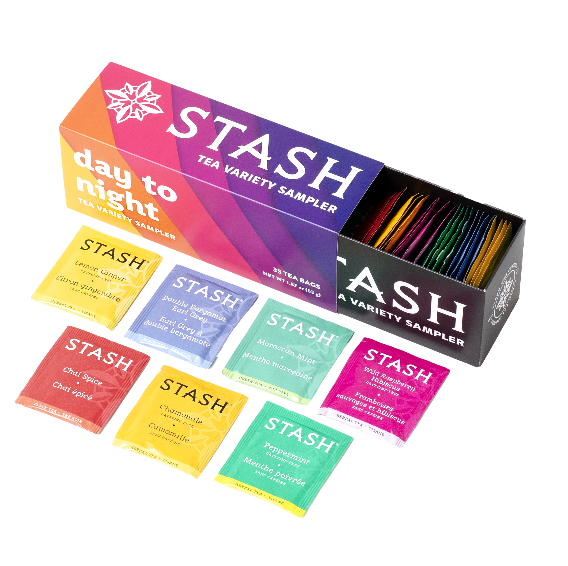 Stash Tea Variety Sampler packaging with colorful tea bags displayed on a white background