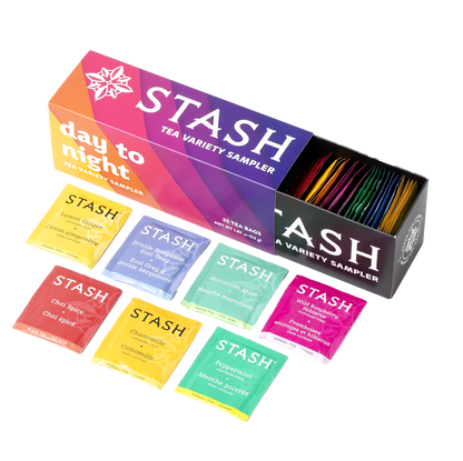 Stash Tea Variety Sampler packaging with colorful tea bags displayed on a white background