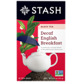 Stash Decaf English Breakfast black tea packaging with teapot illustration on red background