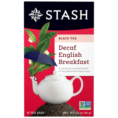 Stash Decaf English Breakfast black tea packaging with teapot illustration on red background