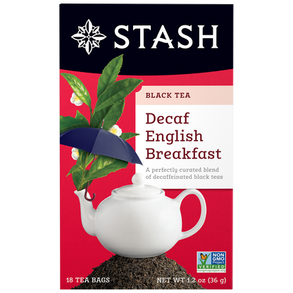 Stash Decaf English Breakfast black tea packaging with teapot illustration on red background
