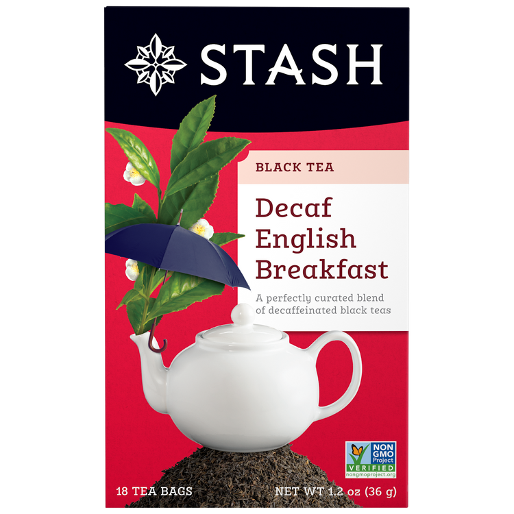 Stash Decaf English Breakfast black tea packaging with teapot illustration on red background