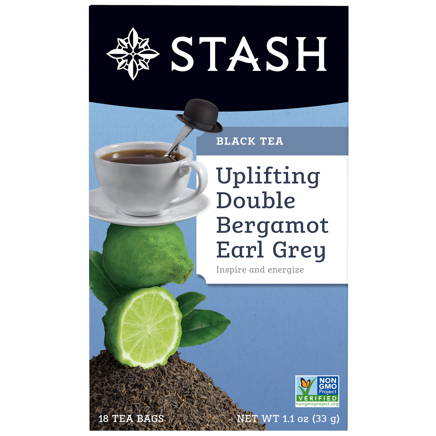 Stash tea package with a cup of tea, lime, and bergamot on a blue background