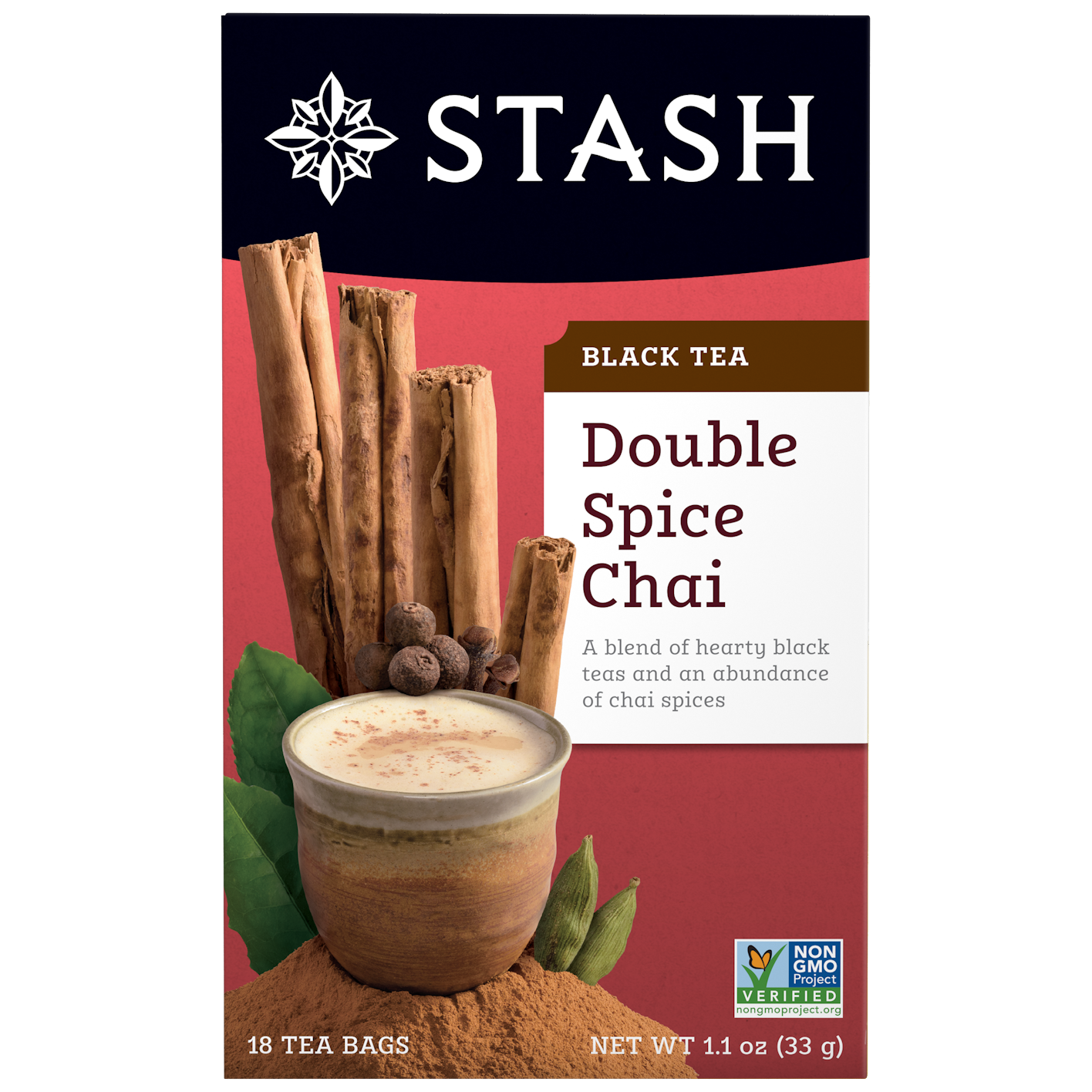 Stash Double Spice Chai tea package with cinnamon sticks and spices on a white background