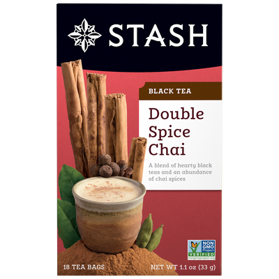 Stash Double Spice Chai tea package with cinnamon sticks and spices on a white background