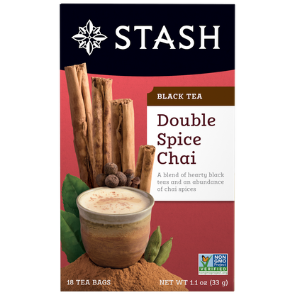Stash Double Spice Chai tea package with cinnamon sticks and spices on a white background